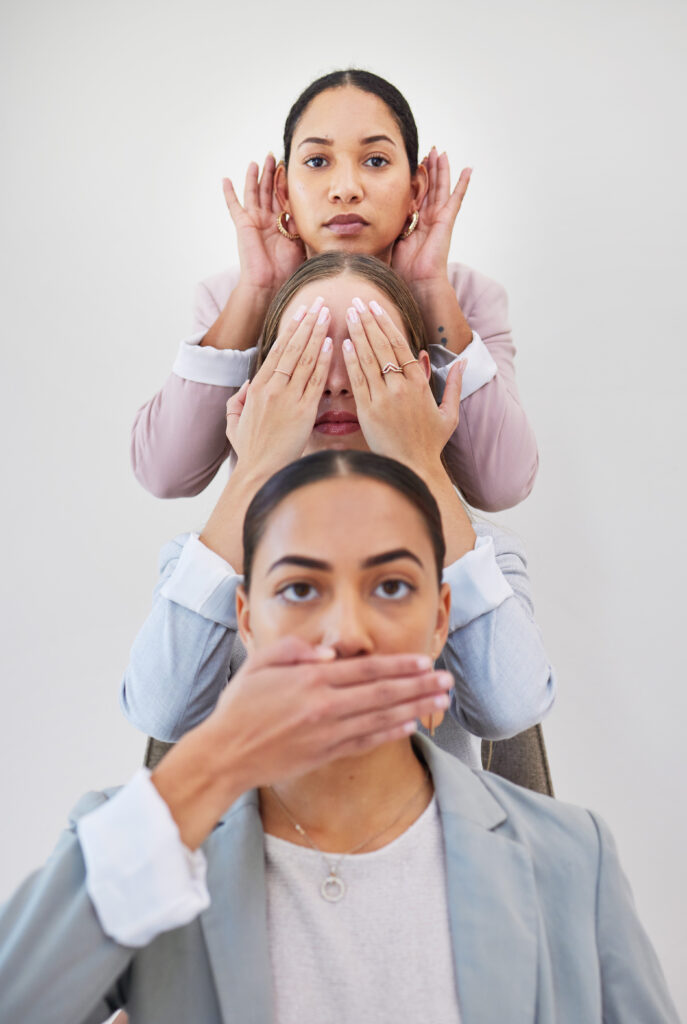 Business, portrait and women with hand gesture for don't, speak, see or hear on wall background