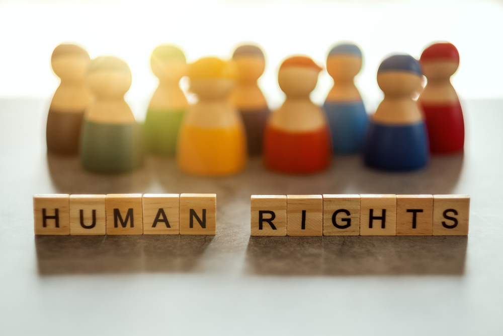Wooden letter blocks spelling "HUMAN RIGHTS" in the foreground, with a blurred group of multi-coloured peg figures standing behind them.